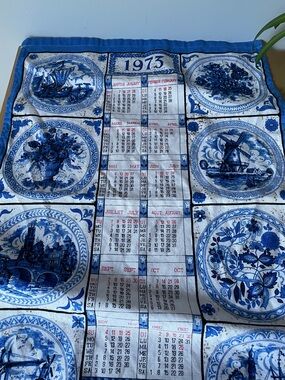 Vintage 1973 Blue & White Delft-Style Calendar Tea Dish Towel